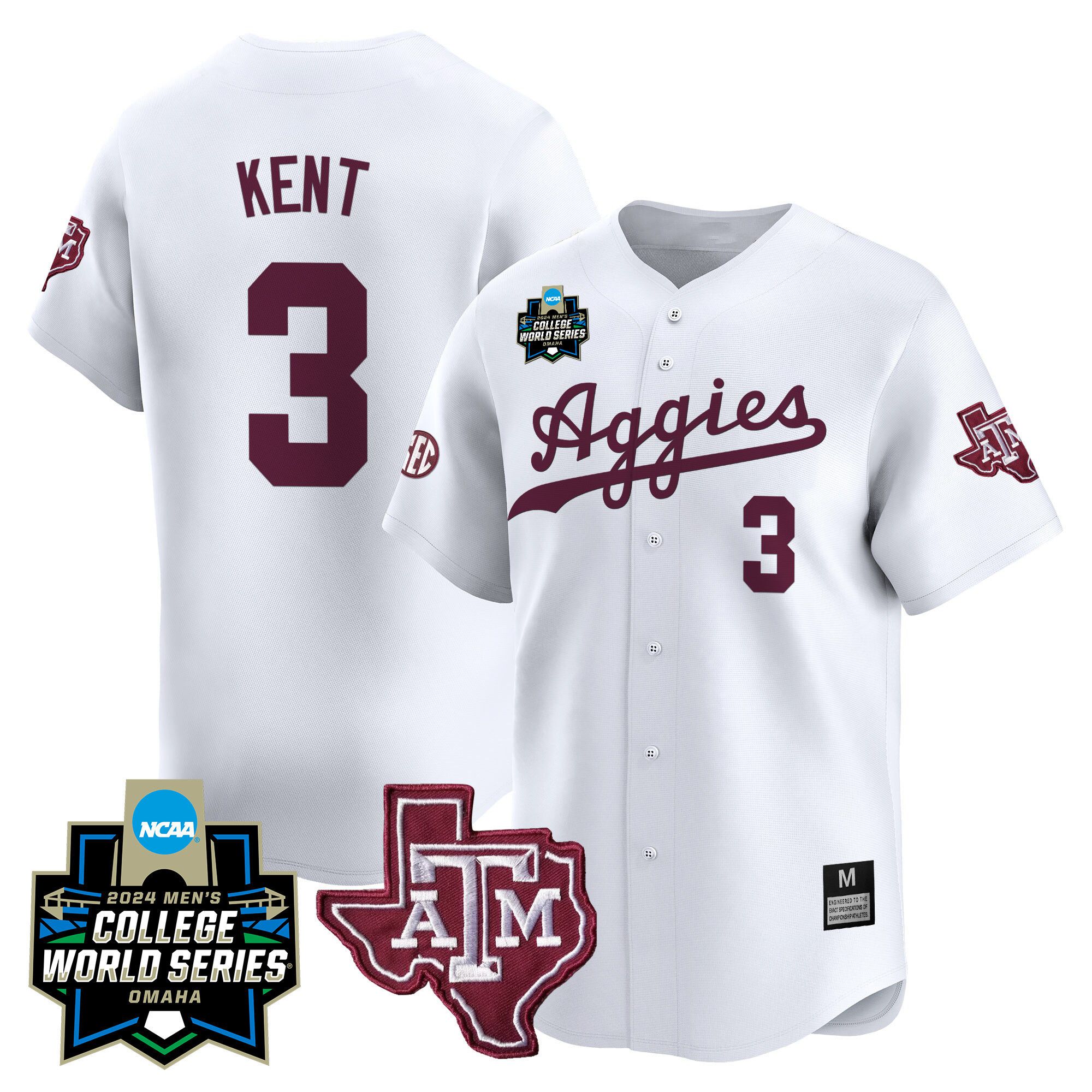 Men Texas A&M Aggies #3 Kent White 2024 College World Series Vapor Premier Limited NCAA Jersey